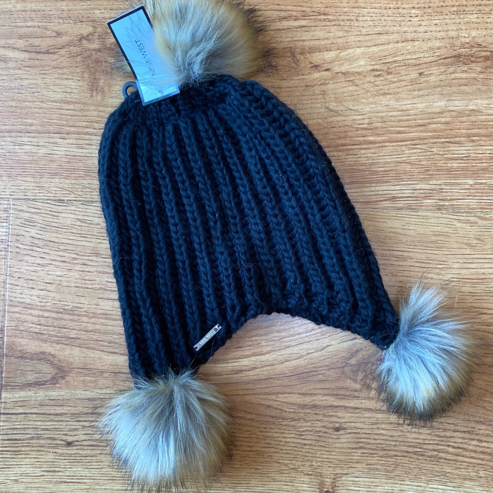 NWT NINE WEST Knit and Fur Winter Hat